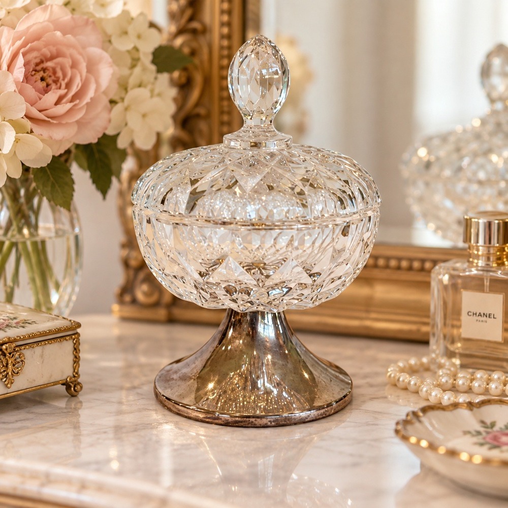 Vintage Diamond Cut Crystal Trinket Candy Dish Silver Plate Pedestal Base Lid